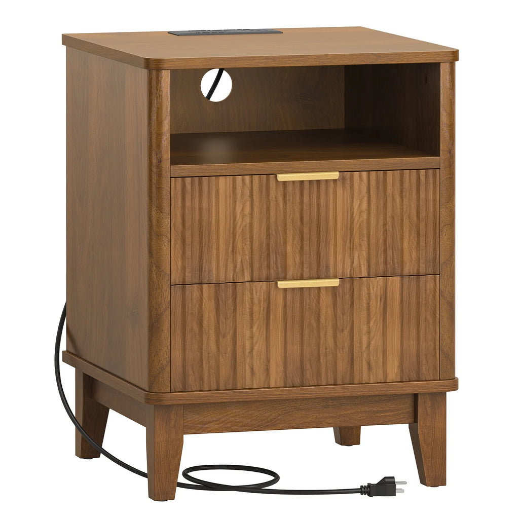 Night Stand with Charger Station, Fluted Nightstand with 2 Drawers and Storage Shelf, Mid Century Modern End Table for Bedroom Living Room,Natural