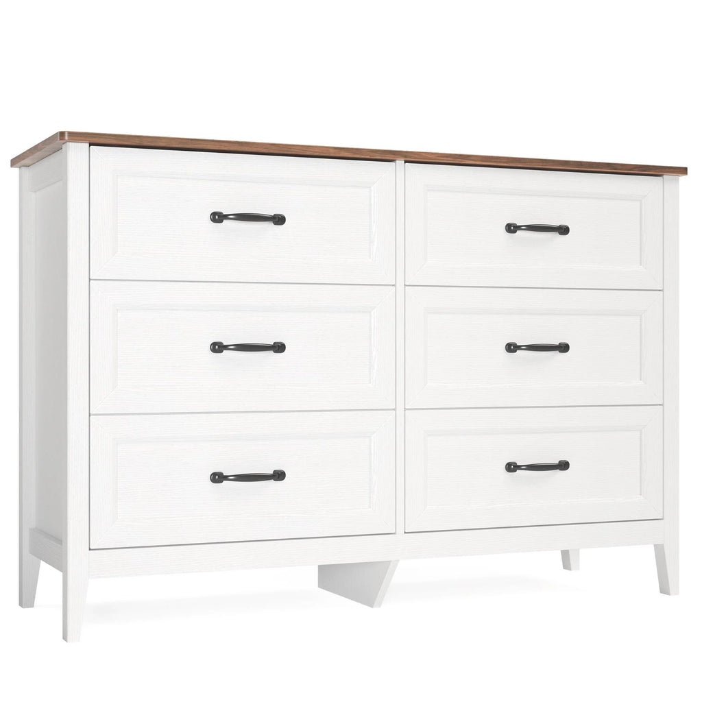 White Dresser, Lofka 6 Drawer Dresser for Bedroom, Chests of Drawers for Living Room, White Brown