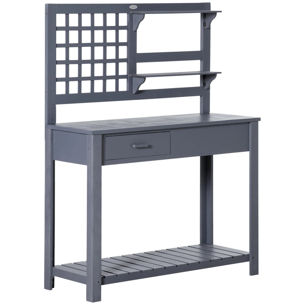 Outsunny Potting Bench Table, Garden Work Bench, Outdoor Wooden Workstation with Tiers of Shelves and Drawer for Patio, Courtyards, Balcony, Grey