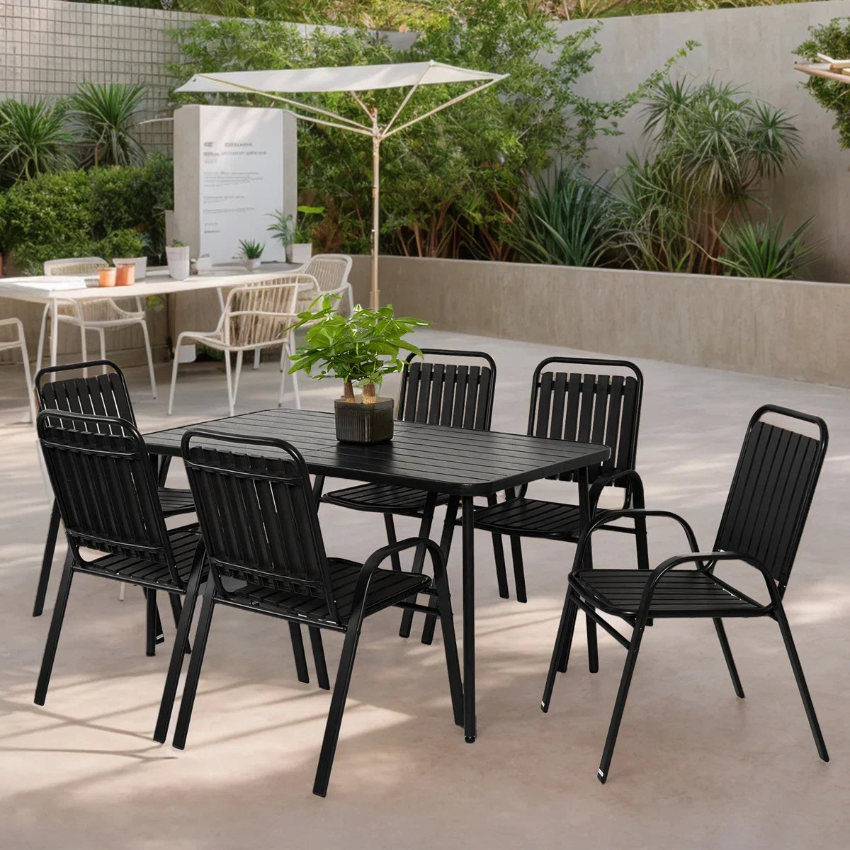 Seizeen Outdoor Dining Set for 6, Plastic Wood Patio Furniture Set with Steel Frame, Space-saving Dining Table and Chairs Stockable Design, All-weather Porch Garden Yard Conversation Furniture, Black