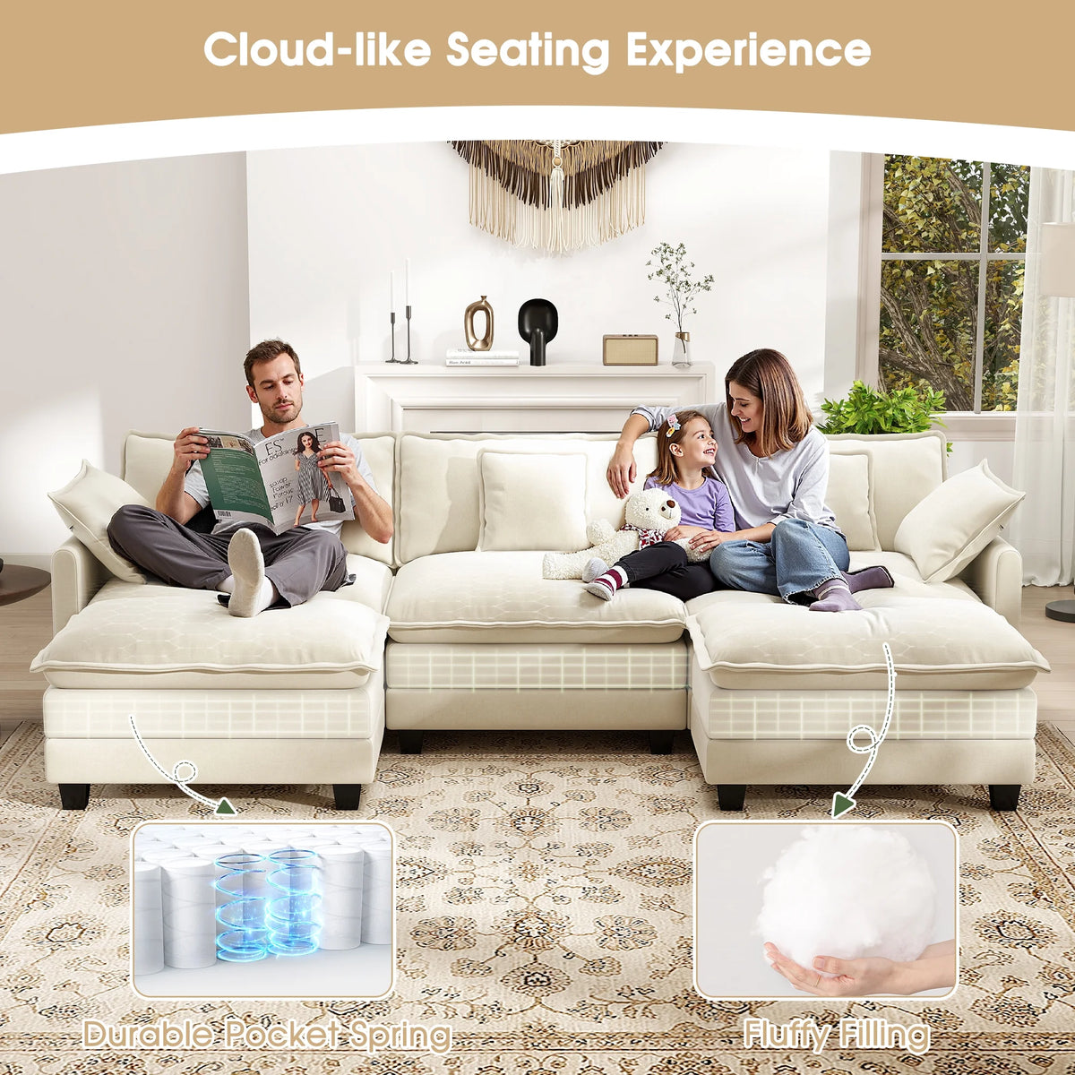BedLuxury 111.5'' Modular Sectional Sofa with Movable Ottomans, U Shaped Cloud Couch for Living Room, 3-Seat, Beige