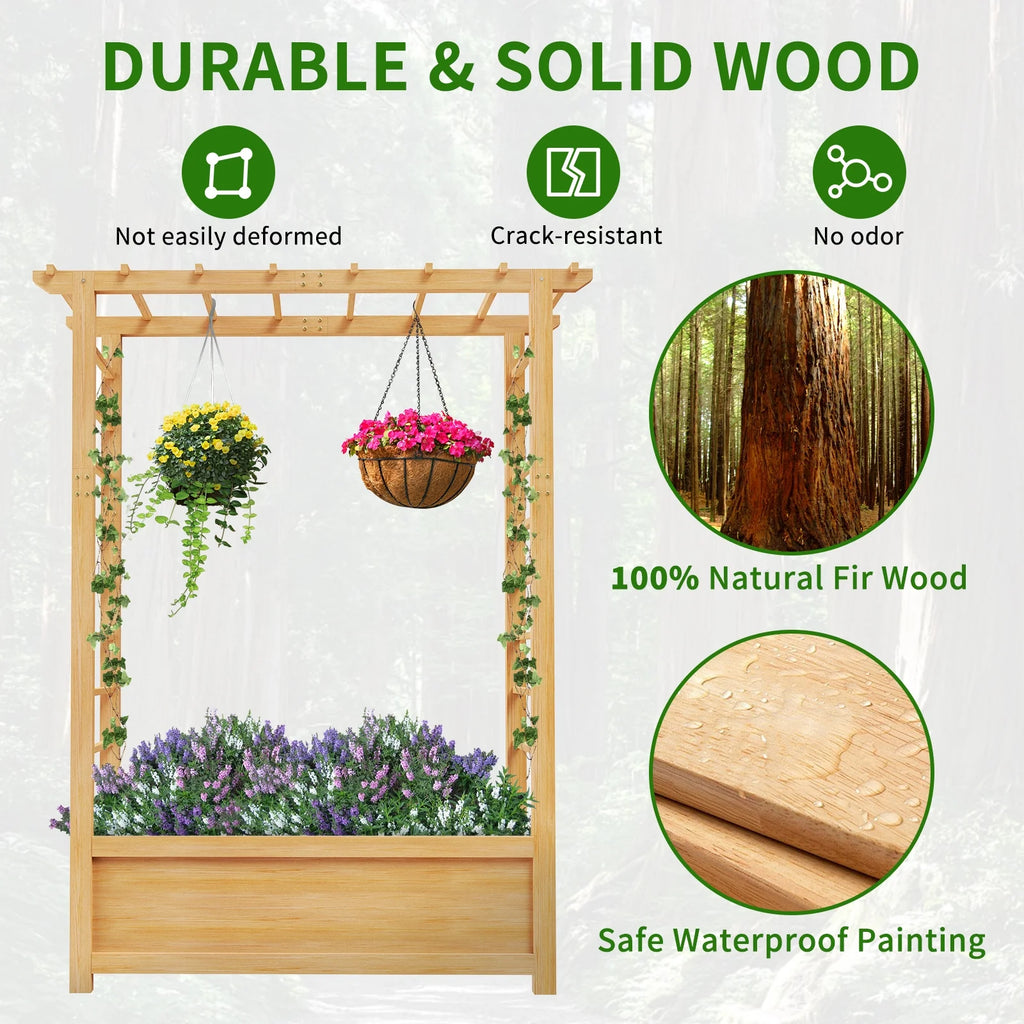 Slsy 63" Screen Raised Garden Bed, Wooden Planter Box with Hanging Roof & Drainage Holes, Indoor Outdoor Elevated Planter for Vine, Climbing Plants, Flowers, Patio & Garden