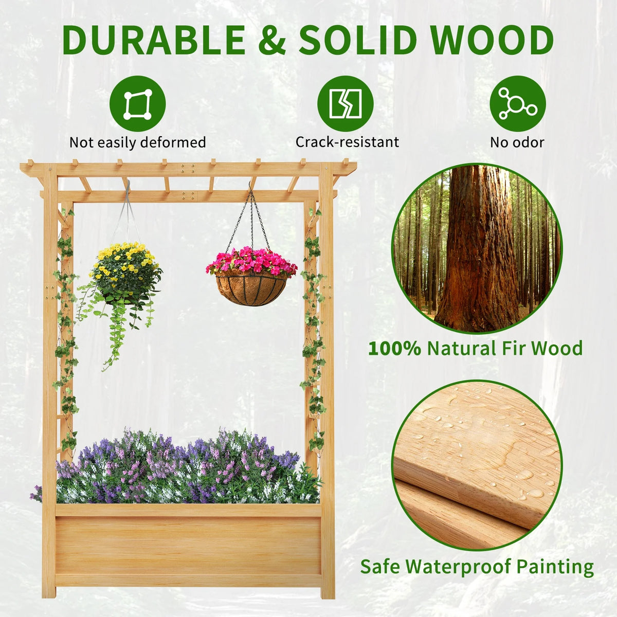 Slsy 63" Screen Raised Garden Bed, Wooden Planter Box with Hanging Roof & Drainage Holes, Indoor Outdoor Elevated Planter for Vine, Climbing Plants, Flowers, Patio & Garden