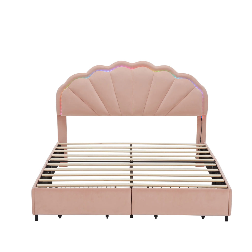 PORKISS Full Size LED Bed Frame with Drawers, Velvet Upholstered Bed, Princess Platform Bed with Chic Double Petal Headboard for Adults Teens, Pink