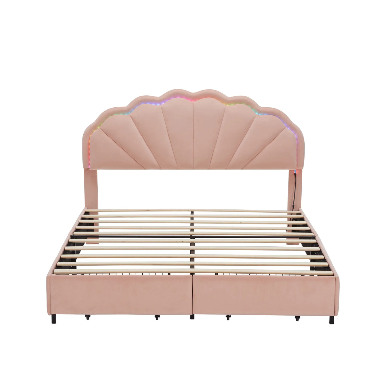 PORKISS Full Size LED Bed Frame with Drawers, Velvet Upholstered Bed, Princess Platform Bed with Chic Double Petal Headboard for Adults Teens, Pink