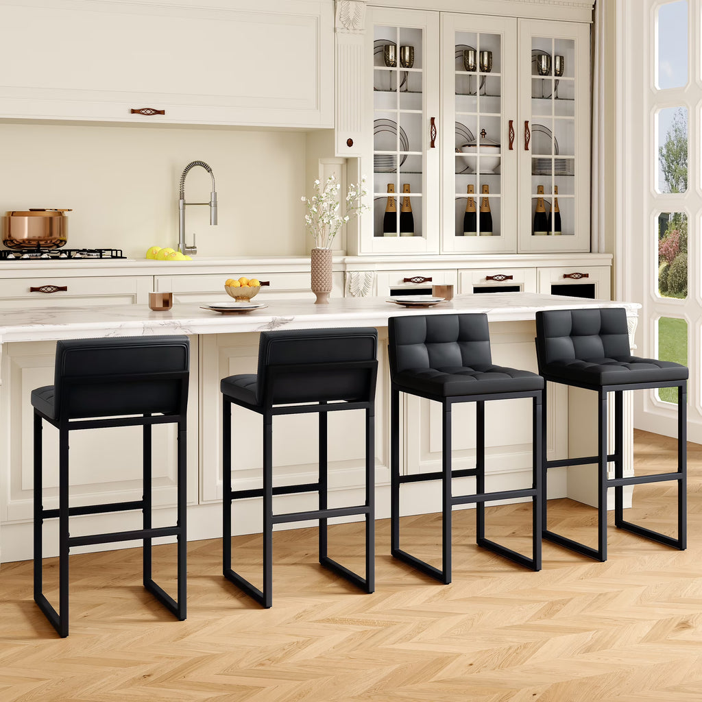 FIRAVOE Bar Stools Set of 3, Counter Height Bar Stools (Low Back)(Thickened Frame) 26" PU Leather Barstools Bar Chairs for Kitchen Island, Black