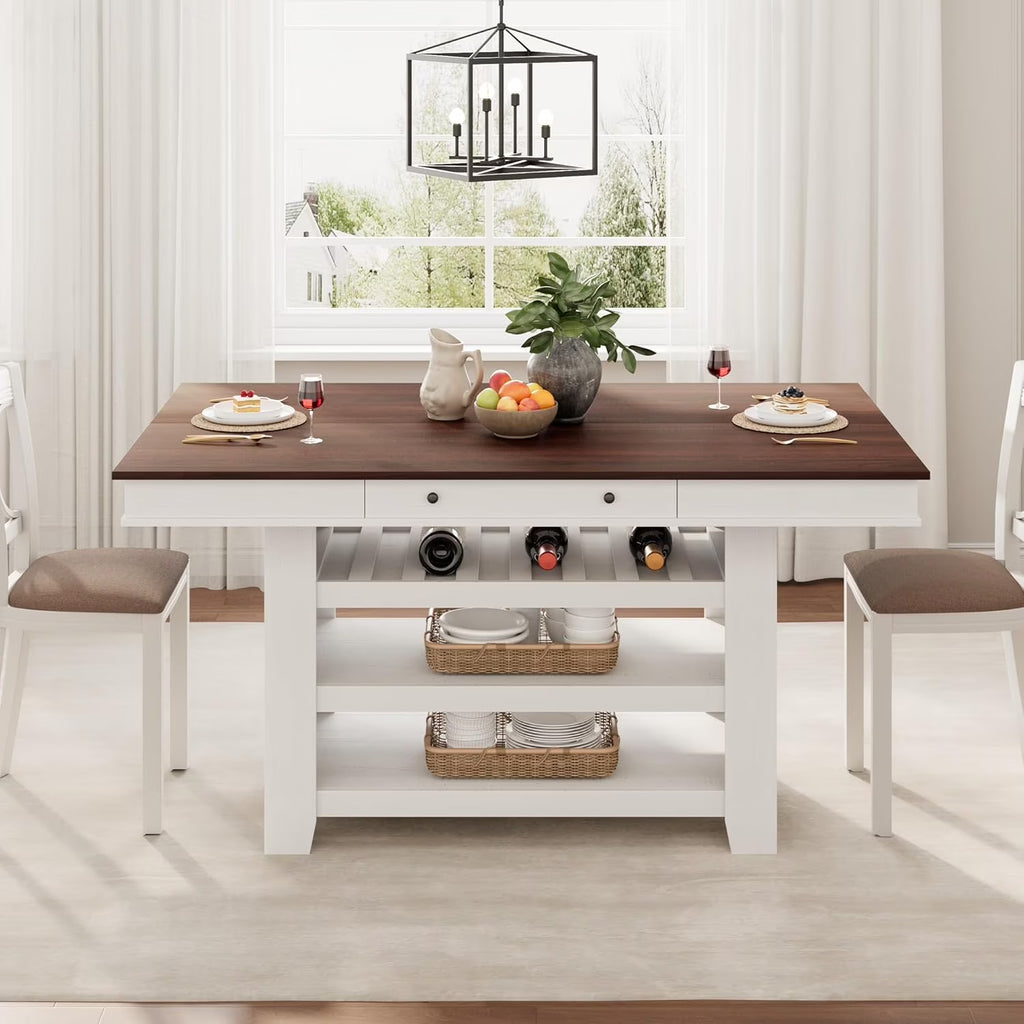 60" Counter Height Dining Table for 4,Rustic Counter Height Dining Table with Drawers& Open Shelves for Kitchen, Bar