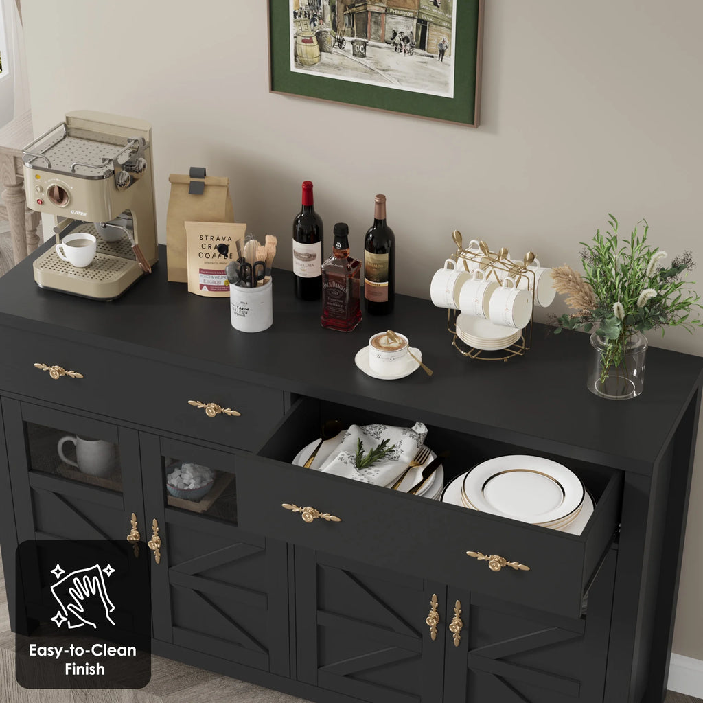 Homfa Farmhouse 55.1"WKitchen Buffet Cabinet with Storage Drawer & Adjustable Shelf, Glass Door Wood Sideboard Credenza Coffee Bar with for Dining Room Living Room, White & Black