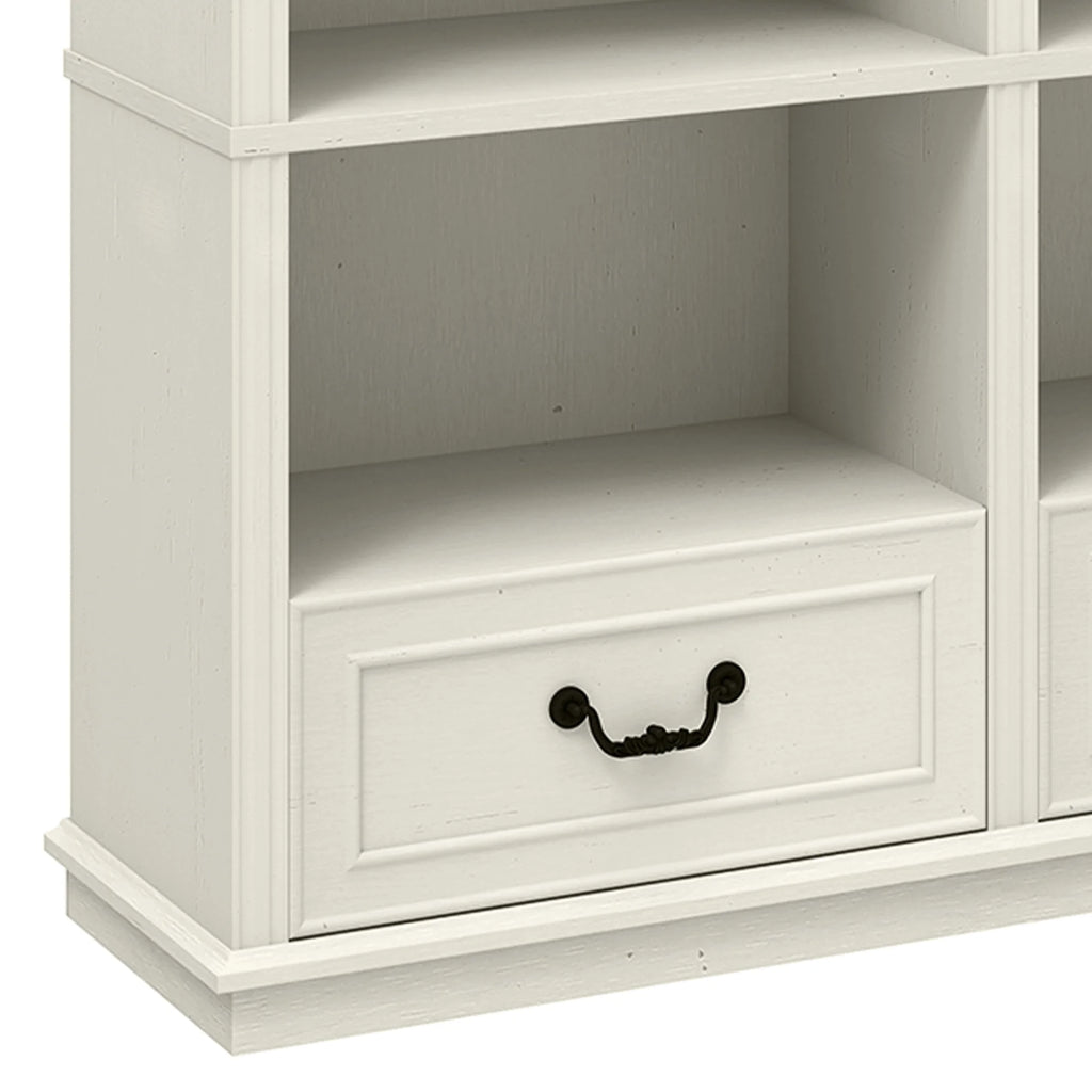 ModFusion 70" Distressed White Bookshelf with Adjustable Shelves and Two Drawers