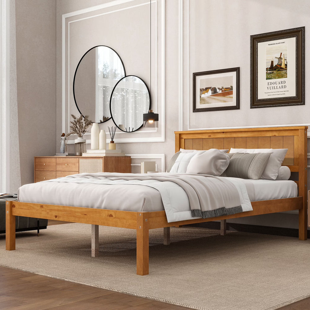 Euroco Twin Platform Bed, Modern Wood Frame Bed with Headboard and Slats for Kids Room, Oak