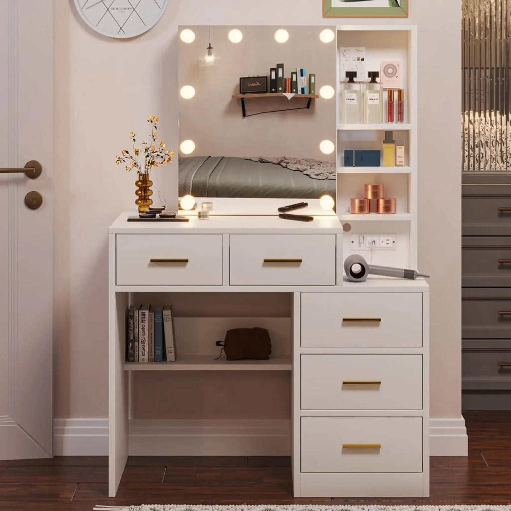 White Vanity Set Desk Table with 10 LED Lights & Charging Station & Sliding Mirror, Modern Makeup Vanity Desk Dressing Table with 5 Drawers for Bedroom, 10 LED Light Bulbs