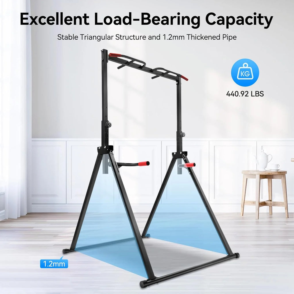 Power Tower Pull Up Bar Station Foldable Pull Up Rack Dip Station 5.74-7.55ft Height Adjustable Home Strength Training Fitness Workout Equipment, Up to 440lbs (With double bars)