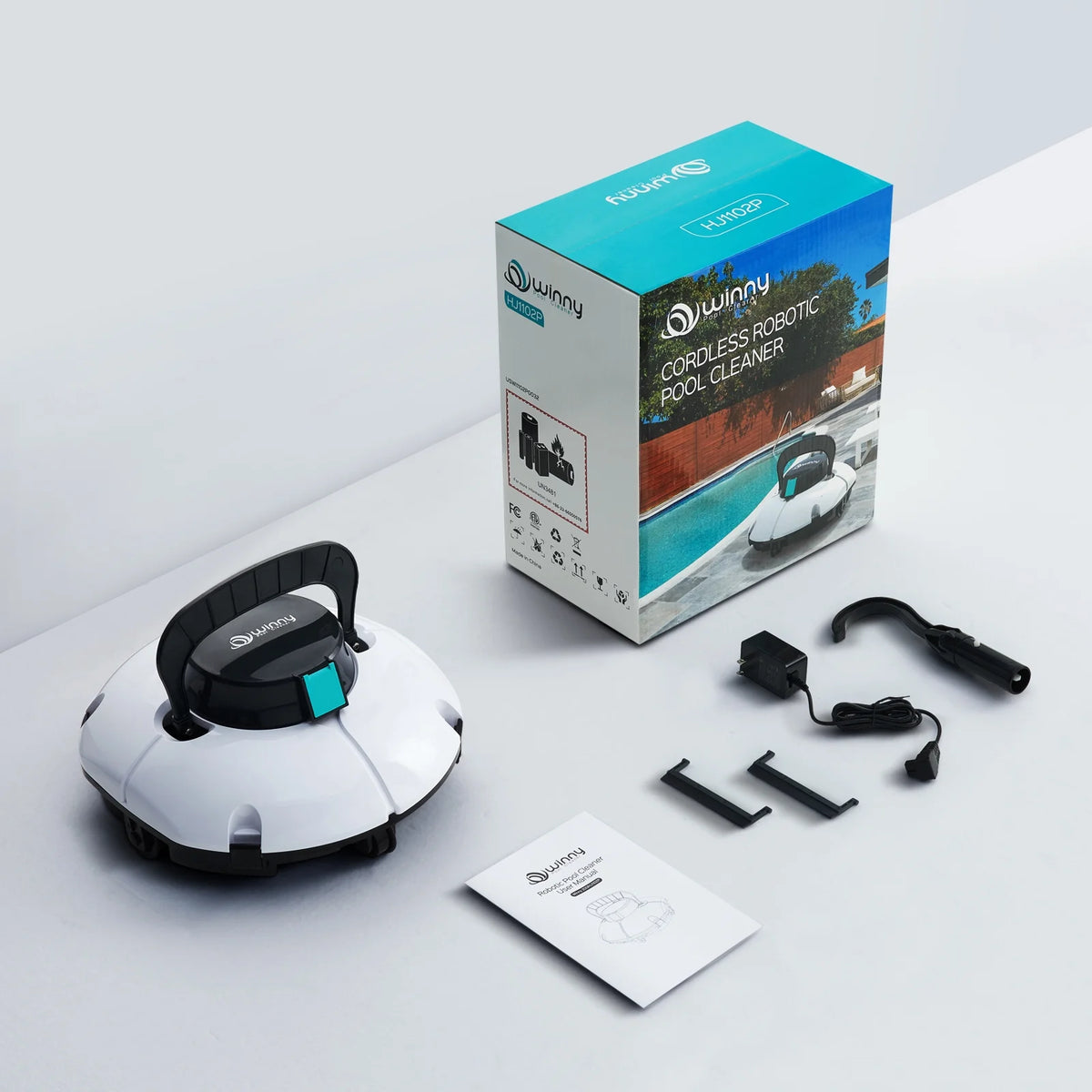 (2025 Upgrade) Cordless Robotic Pool Cleaner, Winny Pool Cleaner Automatic Pool Vacuum with Dual Filters, 80 Mins Runtime, Ideal for Flat Above Pools Up to 645 Sq.Ft (White and Blue)