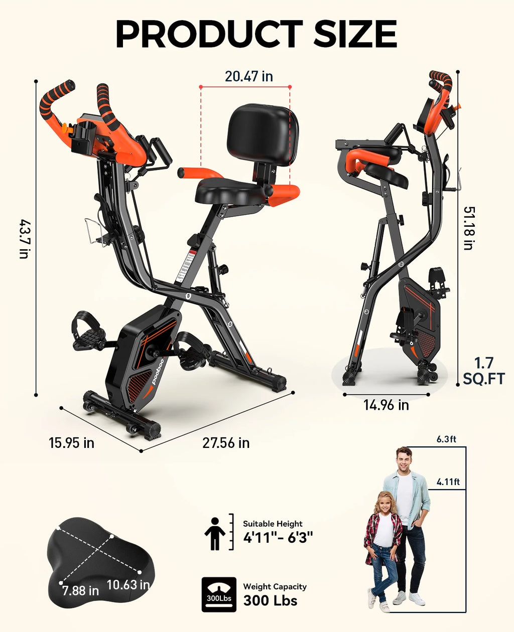 pooboo 4-in-1 Exercise Bike, Foldable Stationary Bike, Tri-Position Indoor Cycling Bike with 8-Level Resistance, Arm Resistance Bands, Pulse Sensor & Back Support Cushion for Home Gym Workout