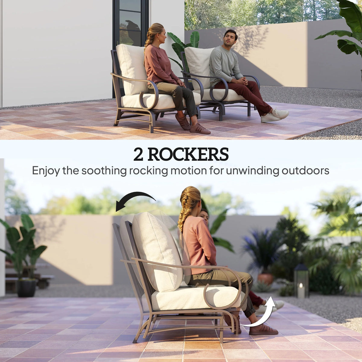 Outsunny 5 Piece Patio Furniture Set with 2 Rocking Chairs, 3-Seat Sofa, and 2 Ottomans for Garden, Lawn, Deck, Backyard, Beige