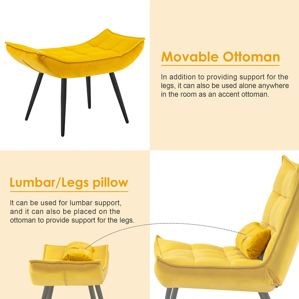 MCombo Accent Chair with Ottoman, Velvet Modern Chairs with Metal Legs for Living Room 4079 (Yellow)