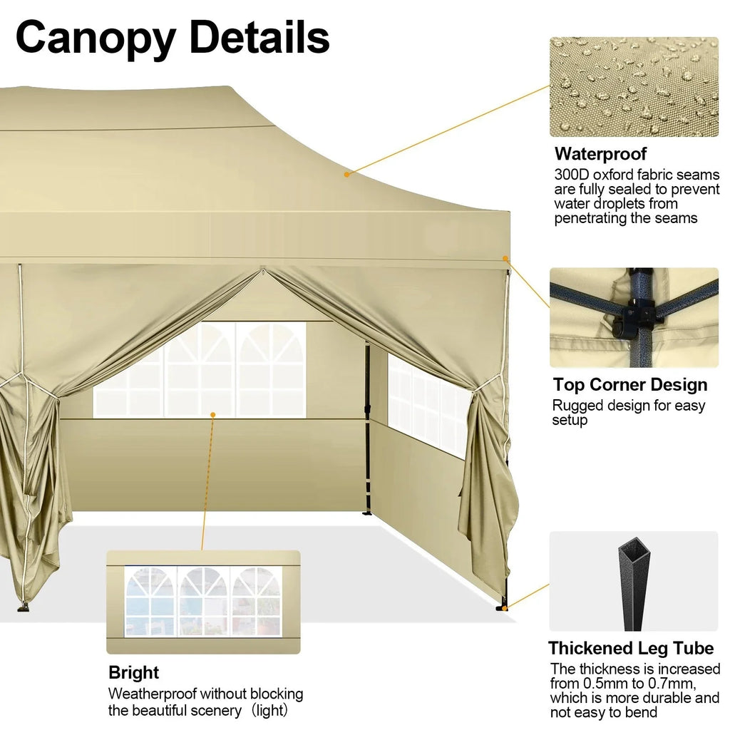 COBIZI 10x20 Heavy Duty Pop up Canopy Tent with 6 sidewalls Easy Up Commercial Outdoor Canopy Wedding Party Tent for Beach All Season Wind & Waterproof Gazebo with Roller Bag,Black(Frame Thickened)