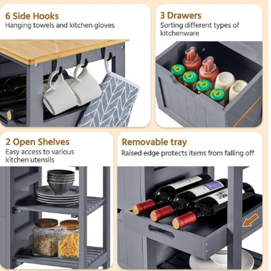 Kitchen Island Cart on Wheels with Storage, Rolling Bar Cart with Solid Wood Top and 3 Drawers, 3 Removable Shelves, Serving Utility Carts for Dining Room/Small Kitchen, Dark Gray
