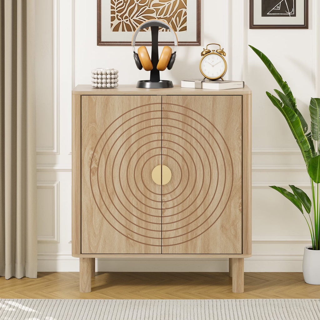 Accent Cabinet with Round Carved Line Door for Entryway Hallway, Walnut Sideboard Buffet Cabinet, Storage Cabinet with Adjustable Shelves for Living Room