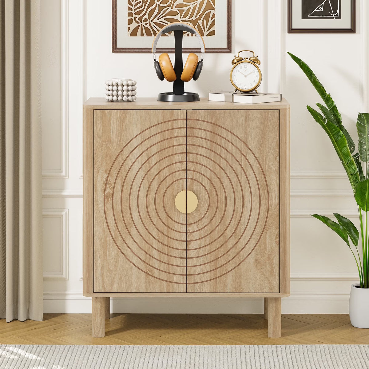 Accent Cabinet with Round Carved Line Door for Entryway Hallway, Walnut Sideboard Buffet Cabinet, Storage Cabinet with Adjustable Shelves for Living Room