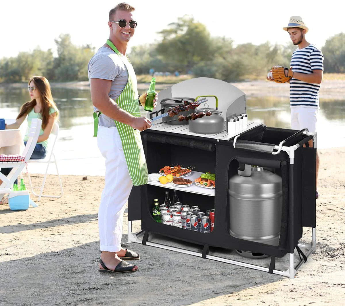 Portable Camping Kitchen Table, Camping Grill Table w/Windscreen & Storage Organizer, Outdoor Kitchen Cook Station with Basin for BBQ, Party, Picnics, Backyards, BBQ Table