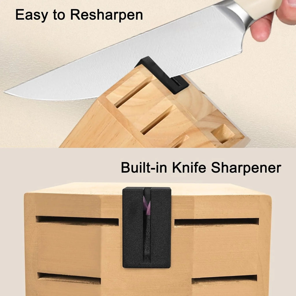 Ivory Knife Block Set (15-PCS) High Carbon Stainless Steel, Built-in Sharpener, Forged Chef Blades