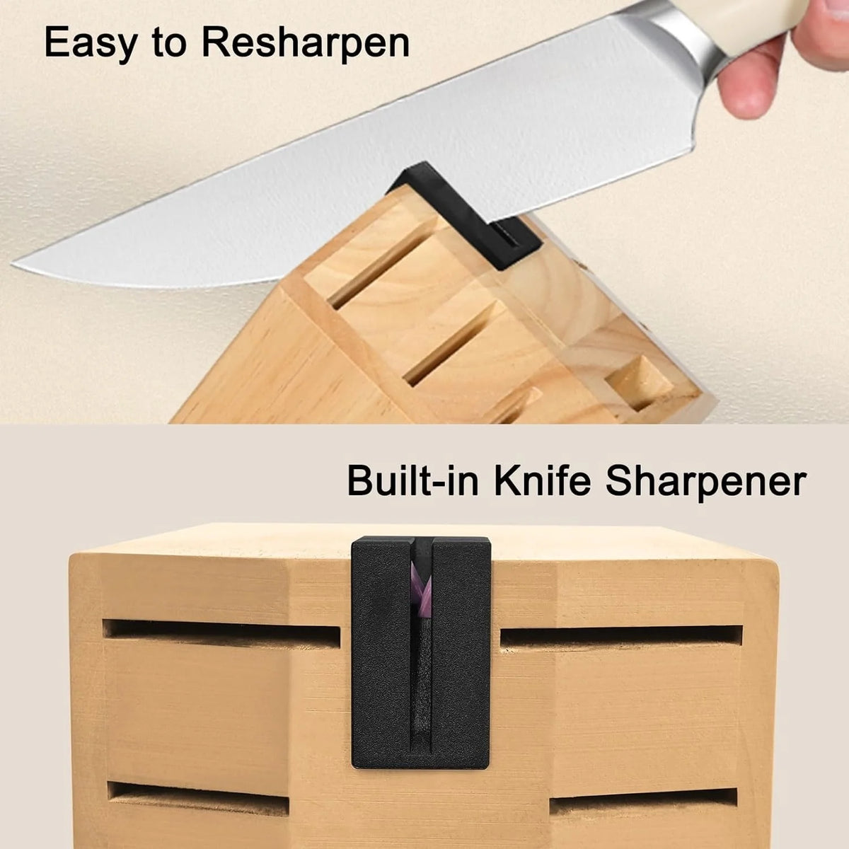 Ivory Knife Block Set (15-PCS) High Carbon Stainless Steel, Built-in Sharpener, Forged Chef Blades