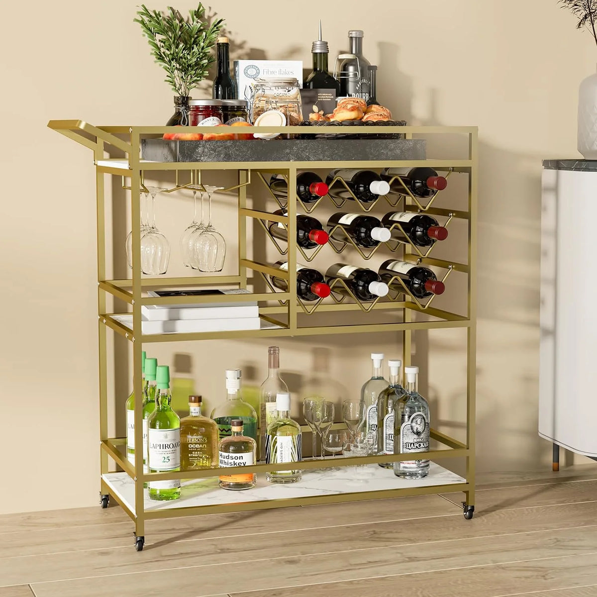 WHIFEA 3-Tier Home Bar Cart with Wine Rack, Mobile Serving Wine Cart on Wheels, Modern Rolling Drink Trolley for Coffee Tea Wine, Beverage Bar Table for Home Kitchen Party, Black