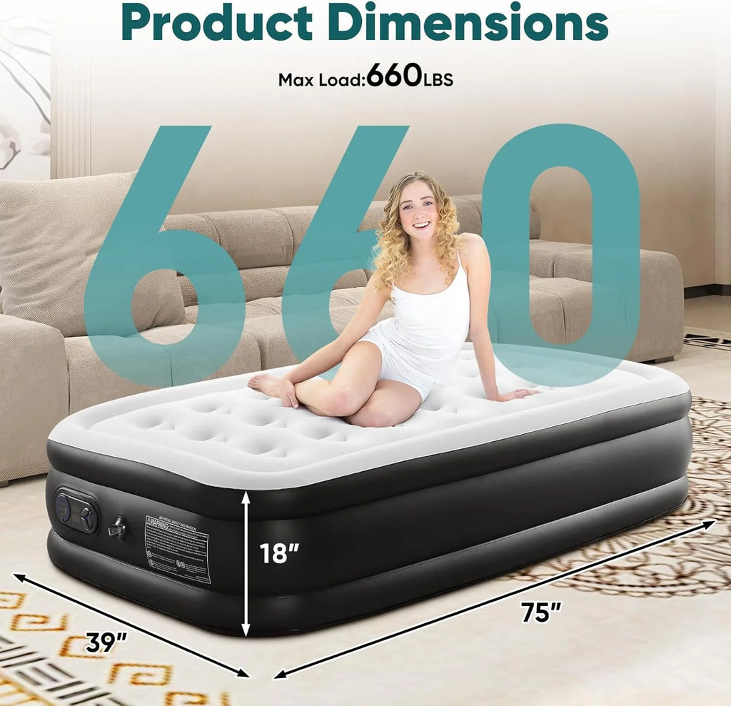 Blow Up Airbed with Built-in High Capacity Pump, Double Height, Non-Slip Bottom Design, Weight Capacity 660 lbs Air Bed for Home or Camping