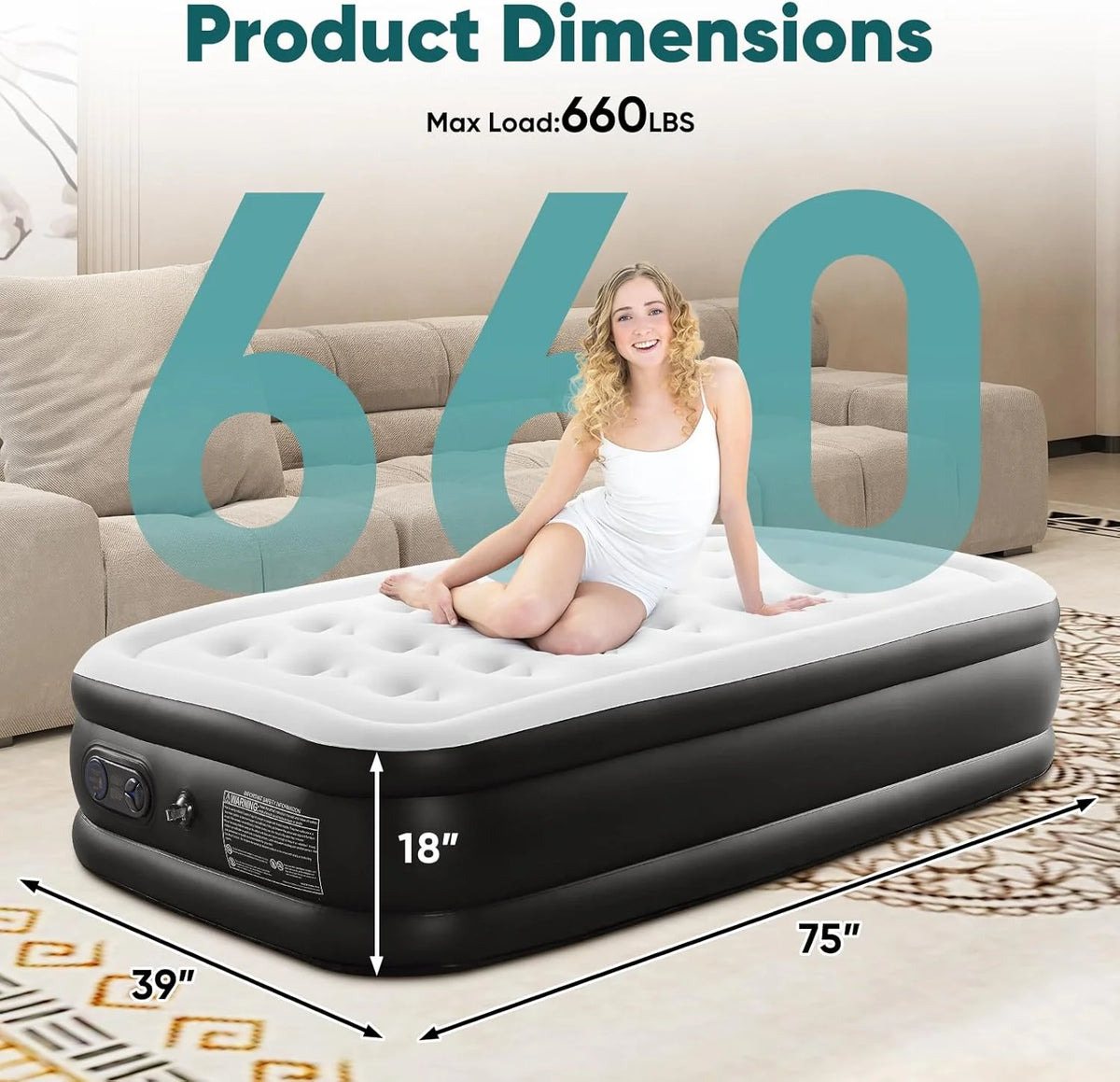 Blow Up Airbed with Built-in High Capacity Pump, Double Height, Non-Slip Bottom Design, Weight Capacity 660 lbs Air Bed for Home or Camping