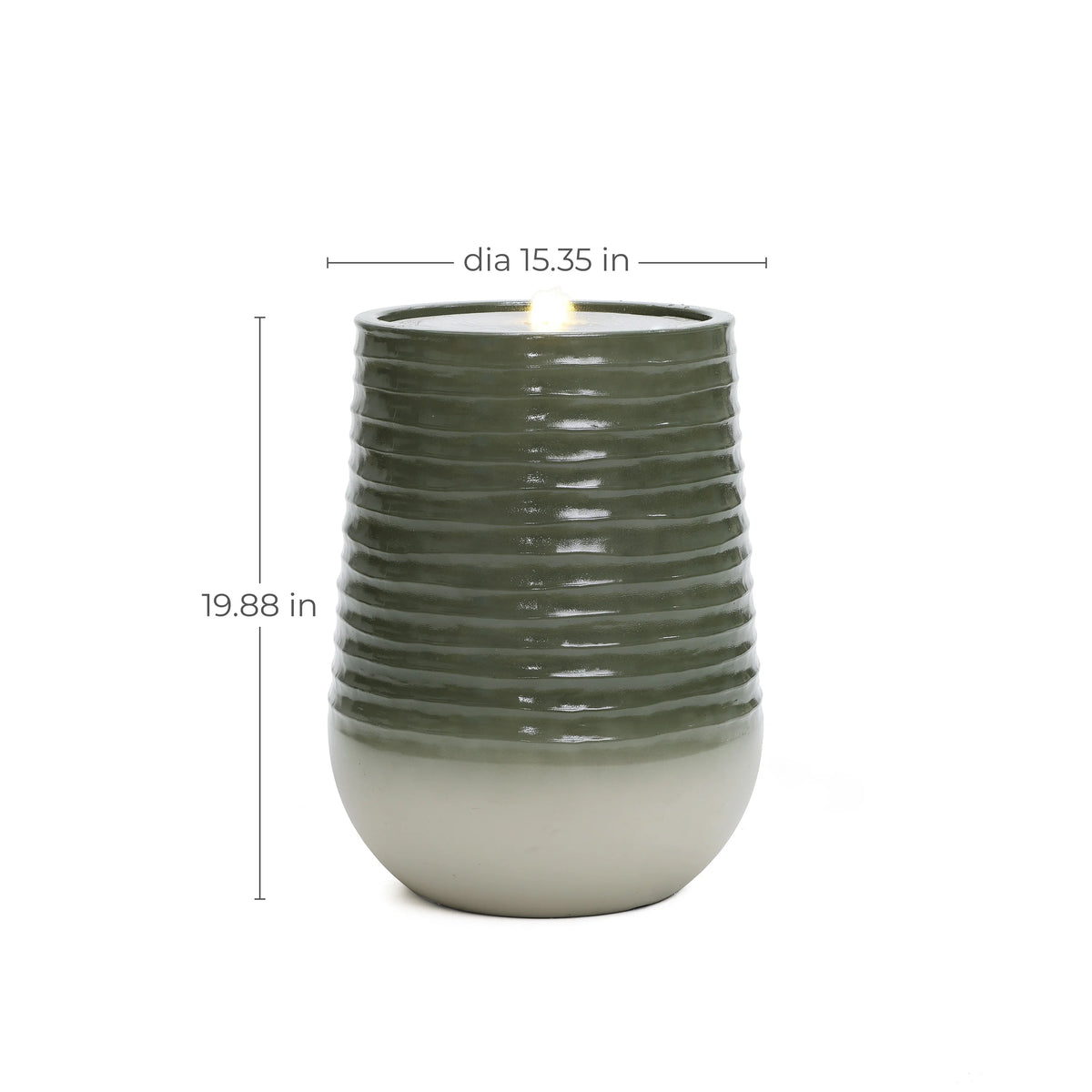 LuxenHome 20" Resin Lighted Garden Bubbling Water Fountain with Emerald Ribbed Top and Ivory Bottom