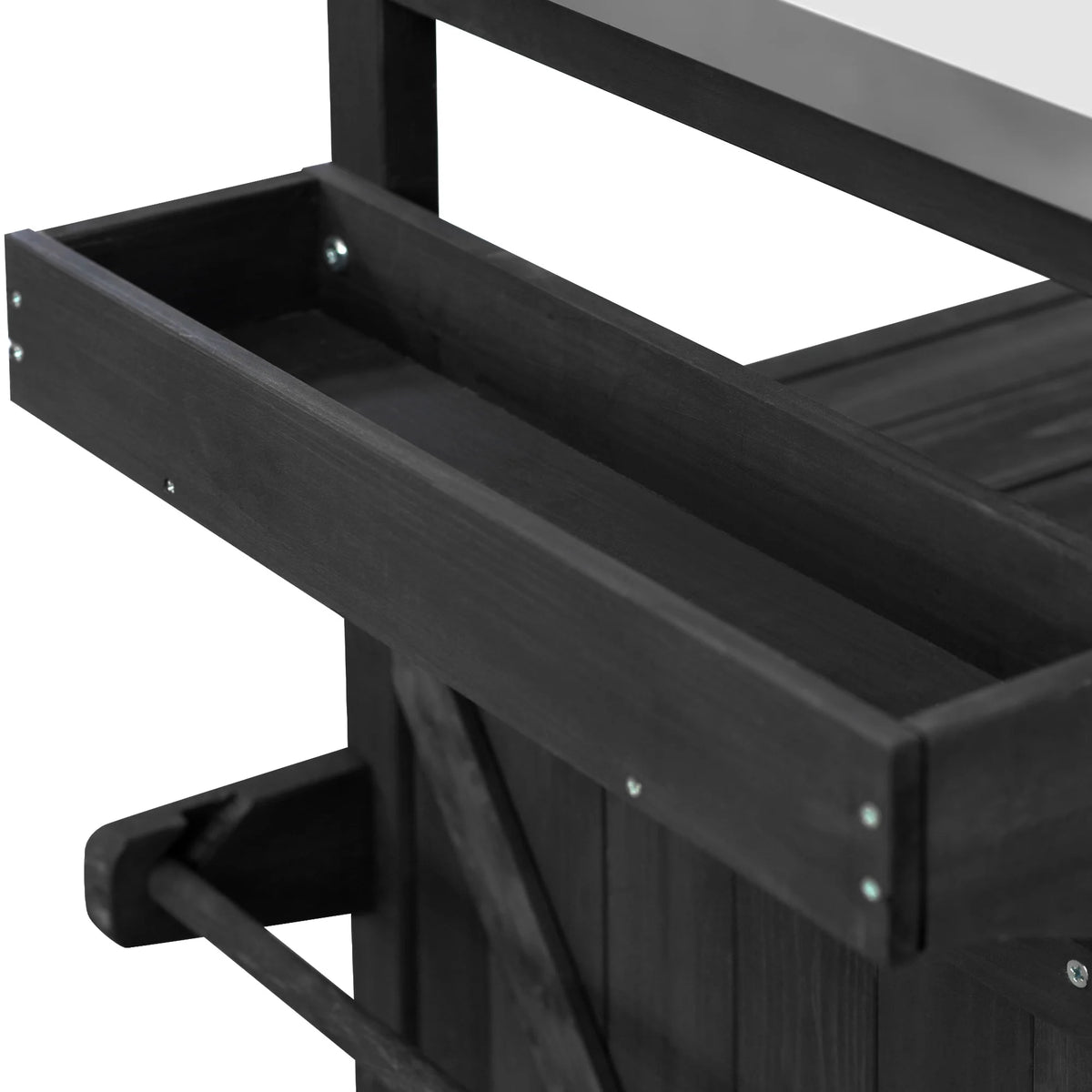Outdoor Kitchen Island, Rolling Bar Cart & Storage Cabinet, Farmhouse Solid Wood Outdoor Grill Table with Stainless Steel Top, Spice Rack , Towel Rack for Kitchen & BBQ , Natural