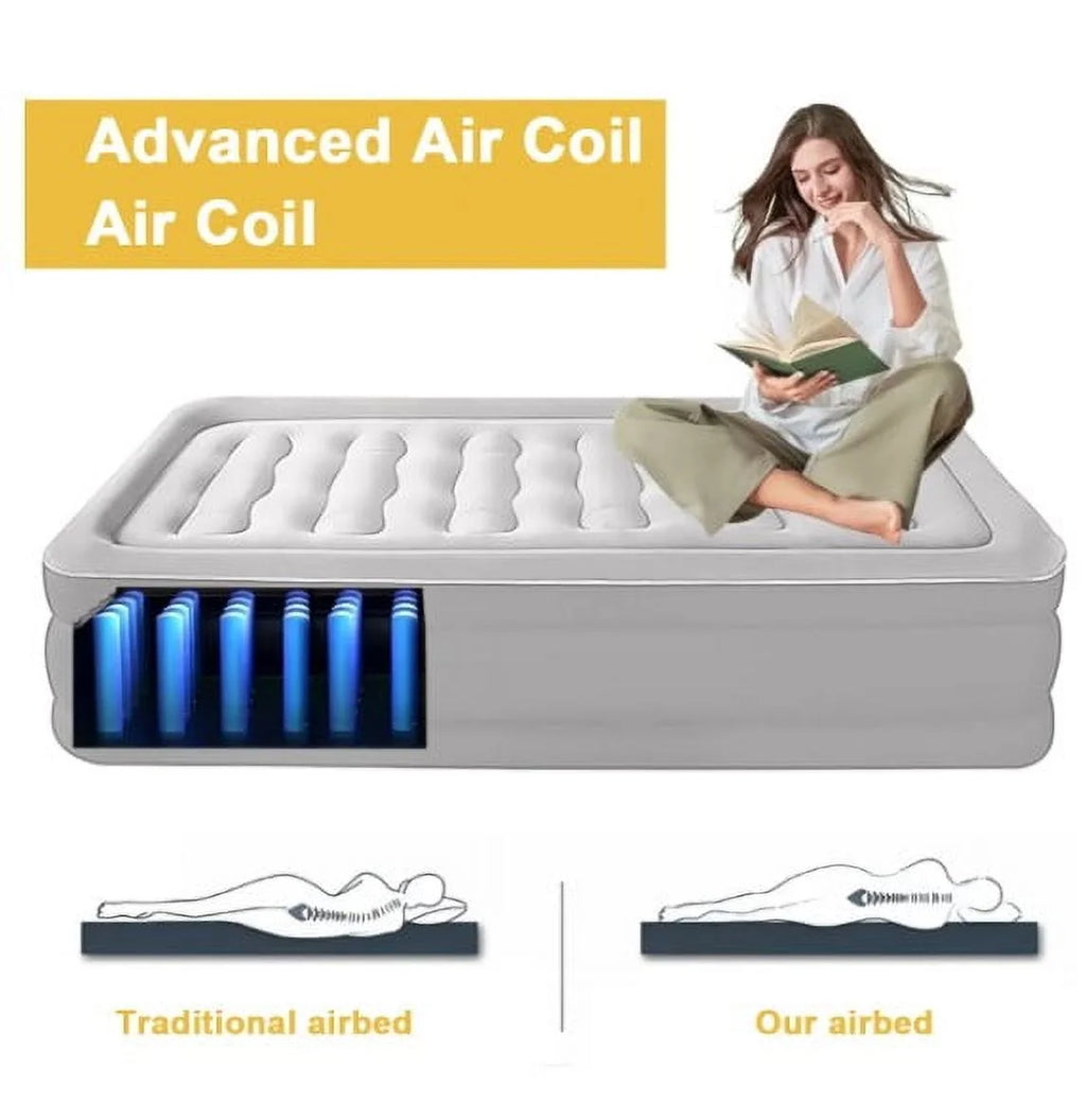 OUYI Inflatable Bed Double Leak-proof mattress with Electric Pump & Pillows Removable Backrest Multifunctional Foldable Air Sofa Guest Bed, 600lb Max(White, Queen Size)