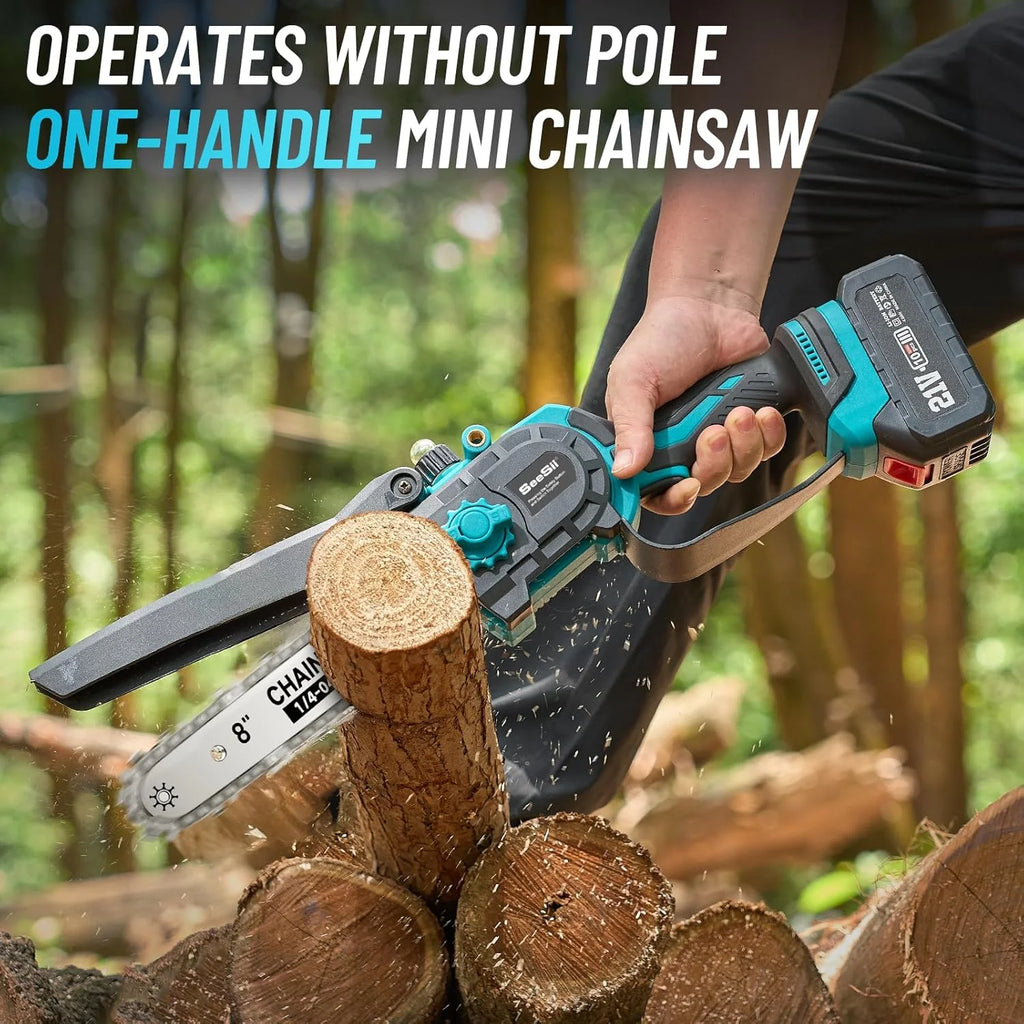 Seesii 2-in-1 Cordless Pole Saw, 8 Inch Brushless Pole Chainsaws Mini Handheld Chainsaw with 2Pcs 21V Batteries, 2x Chains, Auto Oiler, 16FT MAX Extension Pole Saws for Tree Trimming