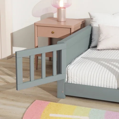 Bellemave Twin Size Floor Bed with Fence, Montessori Floor Twin Bed with Built-in Book Rack, Solid Wood Twin Bed with Slats and Safety Guardrails, Natural