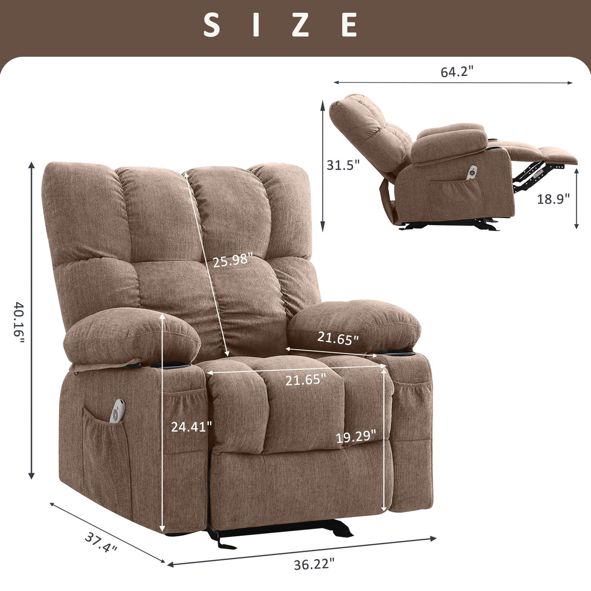 JONPONY Manual Recliner Chair with Heat Therapy and Massage Function, Heavy Duty Reclining Mechanism Massage Chair, Elderly Single Rocker Sofa with Cup Holders for Bedroom Home Theater,Grey