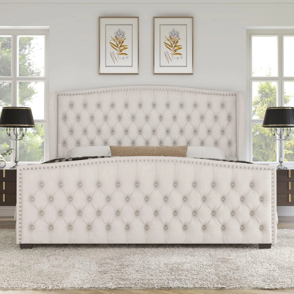 VANACC Queen Size Bed Frame, Velvet Upholstered Bed with Deep Button Tufted Wingback Headboard Grey