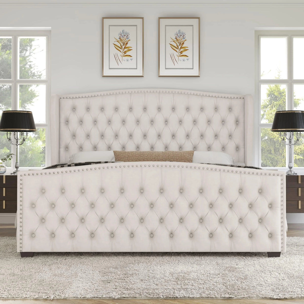 VANACC Queen Size Bed Frame, Velvet Upholstered Bed with Deep Button Tufted Wingback Headboard Grey