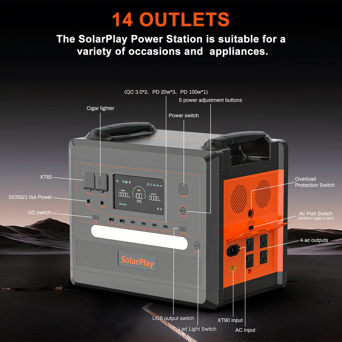 SolarPlay Portable Power Station, 2500W/2304Wh Large Capacity Solar Generator, with 400W Solar Panel, 4 AC Outlets (5000W Peak), Emergency Power Station for Home, Camping, Outdoor Battery Backup