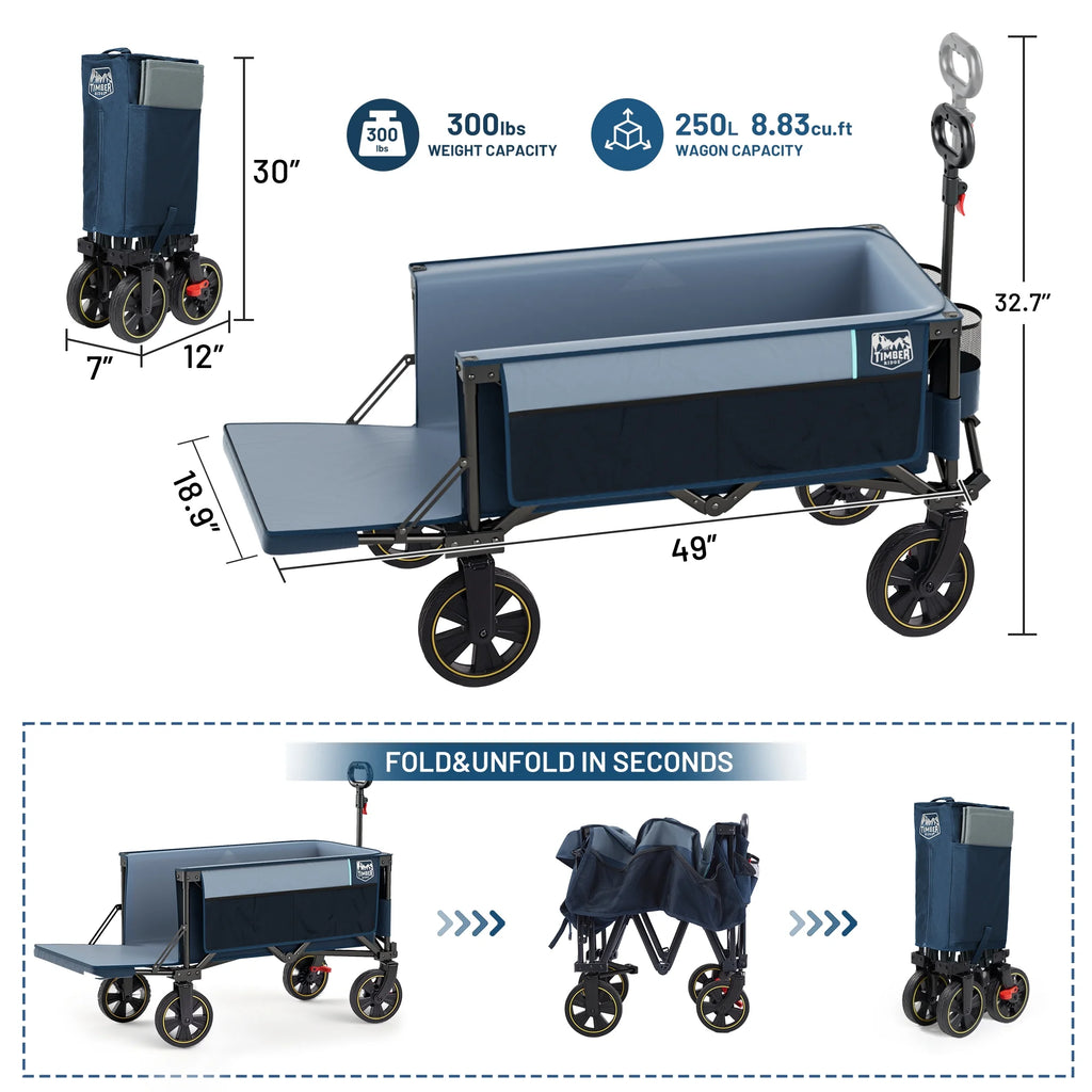 TIMBER RIDGE 250L Foldable Wagon with Tailgate and Brakes, 49" Extra Long Collapsible Heavy Duty 300 lbs Large Capacity Cart for Sports, Shopping, Camping, Blue