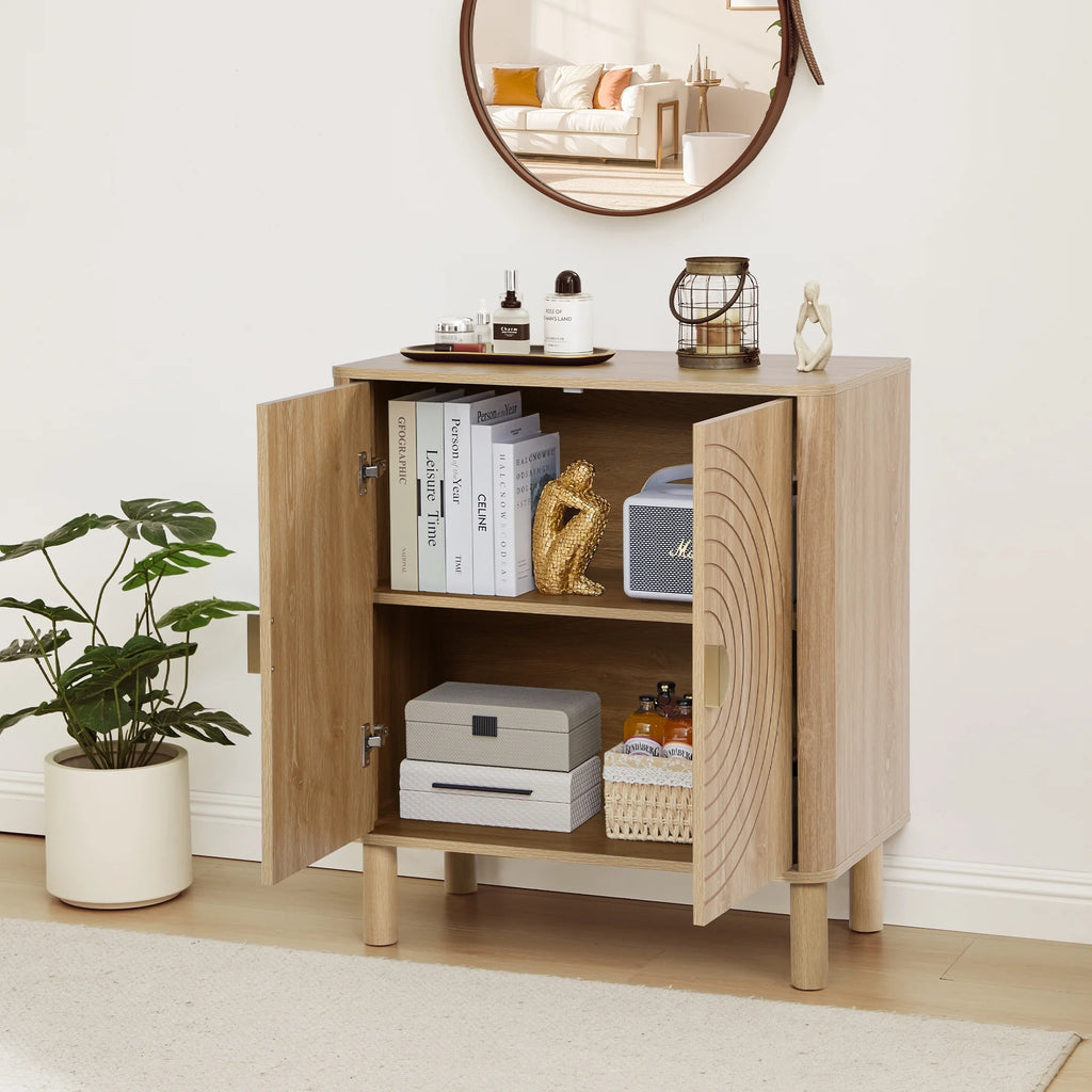 Accent Cabinet with Round Carved Line Door for Entryway Hallway, Walnut Sideboard Buffet Cabinet, Storage Cabinet with Adjustable Shelves for Living Room