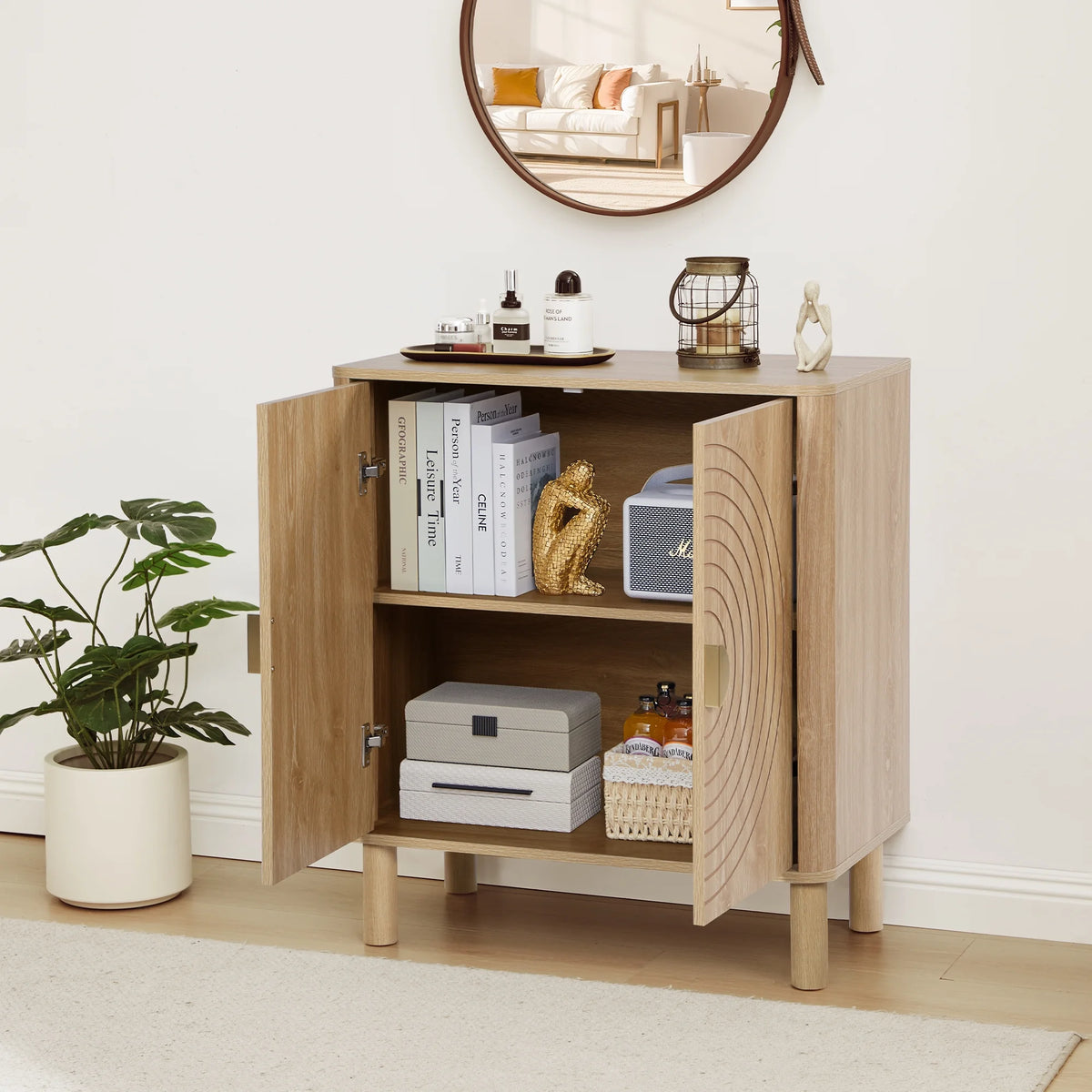 Accent Cabinet with Round Carved Line Door for Entryway Hallway, Walnut Sideboard Buffet Cabinet, Storage Cabinet with Adjustable Shelves for Living Room