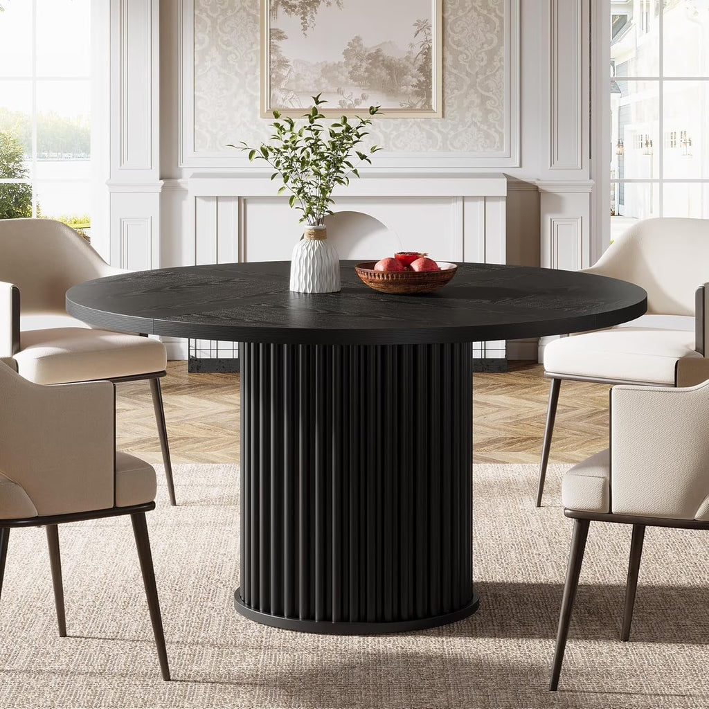 Tribesigns Black Round Dining Table for 4-6 People, 47.24-Inch Circle Wood Kitchen Table with Sturdy Fluted Metal Base, Modern Dining Room Furniture