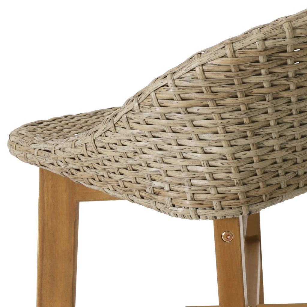 Borah Wicker and Acacia Wood Outdoor Barstools, Set of 4, Light Multibrown and Teak