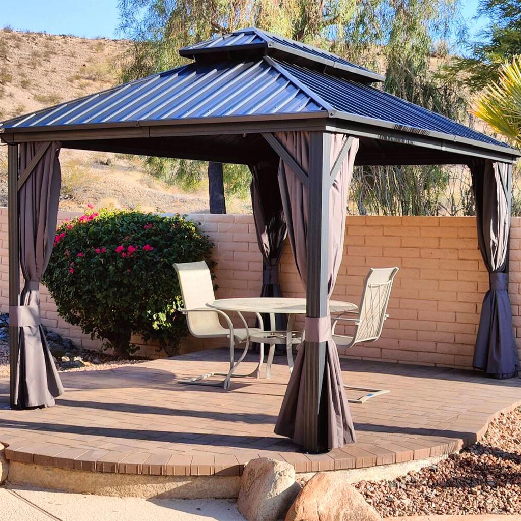 PURPLE LEAF 8' X 8' Gazebo Outdoor Gazebo Permanent Hardtop Gazebo with Galvanized Steel Double Roof for Patio Backyard Deck Aluminum Gazebo with Netting and Curtains Grey