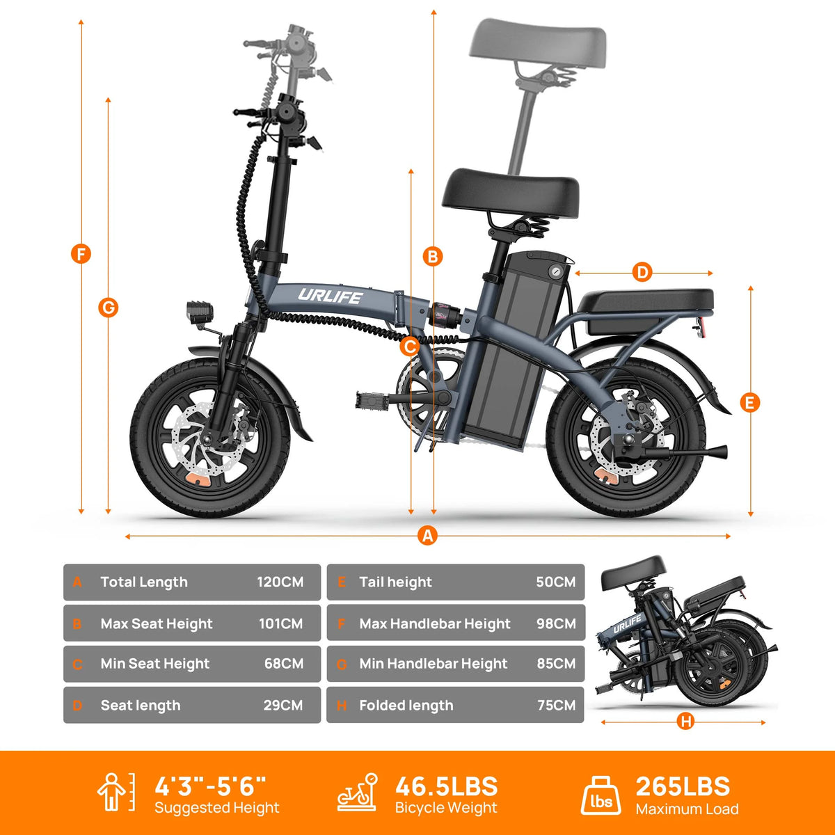 URLIFE 14"Folding Electric Bike for Adults,500W Peak Motor,48V 7.5AH Removable Battery,Mini Ebike for Adults City Commuter,UL2849,Black