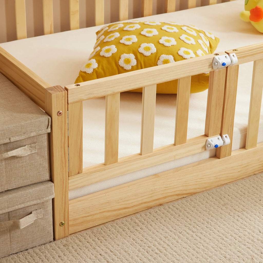 Ktaxon Montessori Twin Floor Bed with Safety Guardrails, Toddler Bed Frame for Kids, Wood Frame - Nature