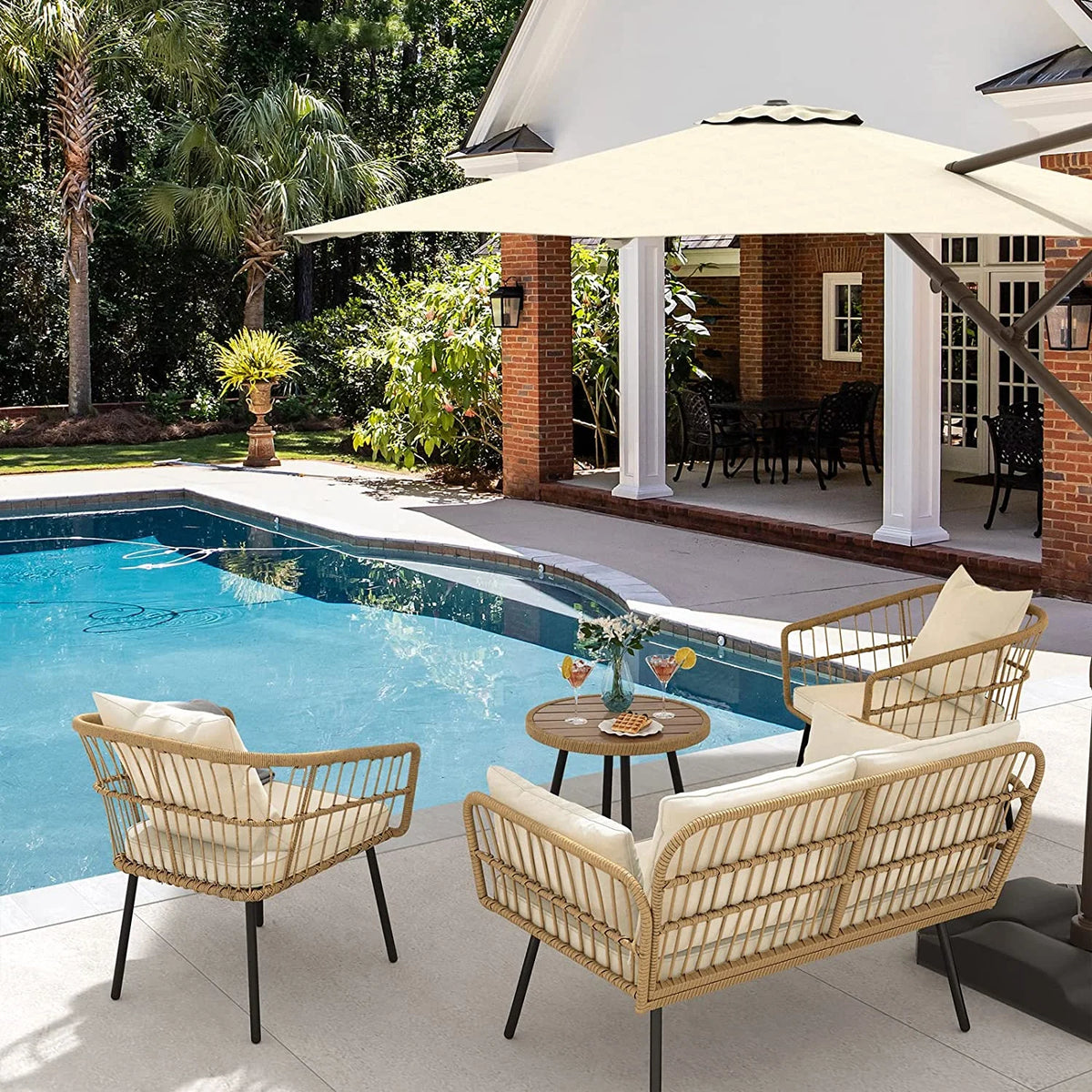 Dextrus 5 pieces Outdoor Dining Set, Patio Dining Sets with 4 Rattan Wicker Dining Chair and Round Table With Umbrella Hole, Sectional Conversation Set for Backyard, Balcony, Garden, Lawn