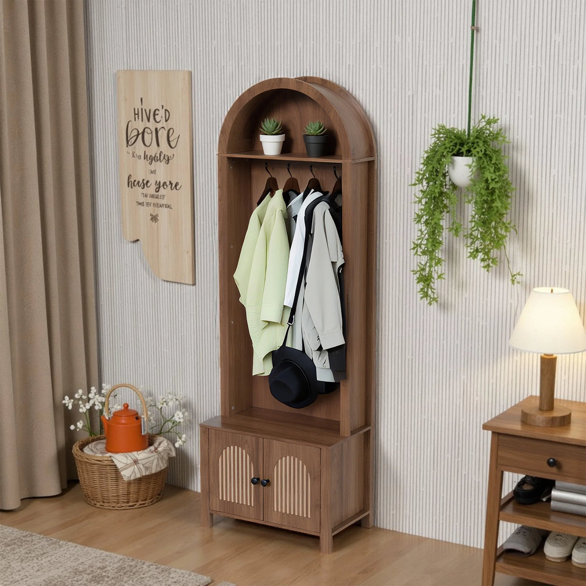 Diubas Arch Hall Tree with Bench and Shoe Storage, Farmhouse Coat Rack for Hallway, Entryway, Walnut