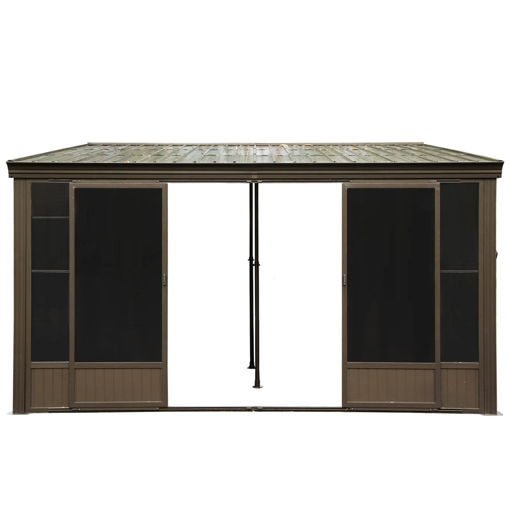 TOTAL Outdoor 10'x12' All-Season Sunroom Gazebo with Steel Roof, PVC Screen, Front & Side Door, Brown